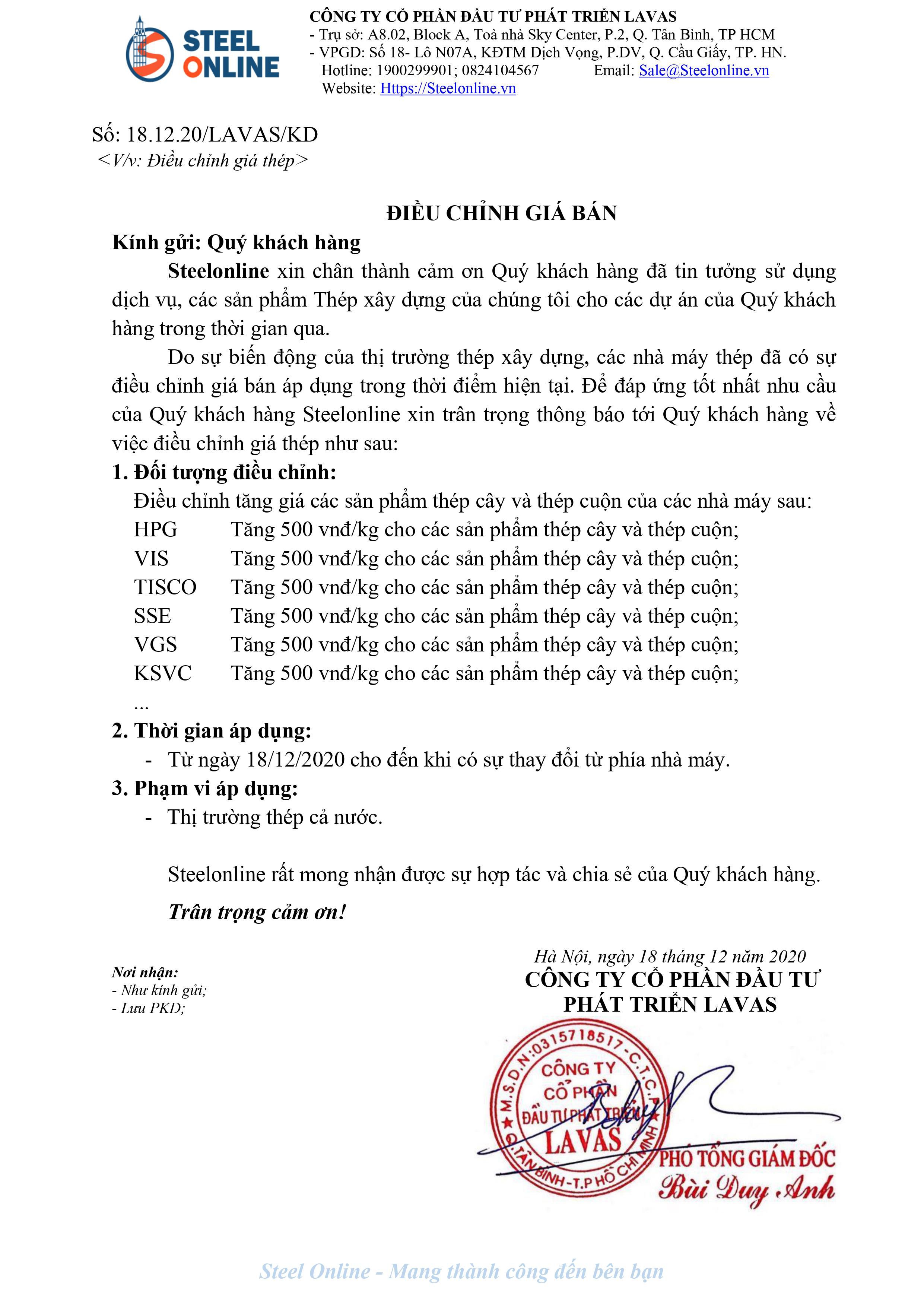 thông báo tăng giá thép Steelonline