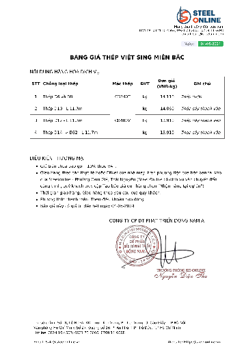 Bảng giá thép xây dựng Việt Sing hôm nay