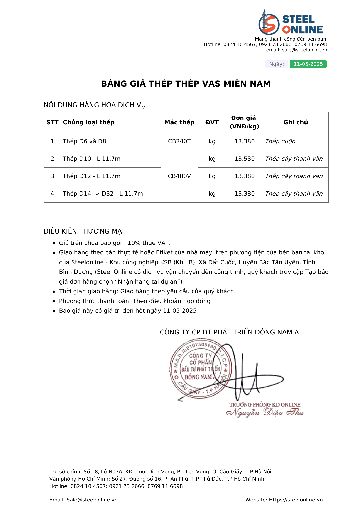 Bảng giá thép xây dựng Thép VAS hôm nay